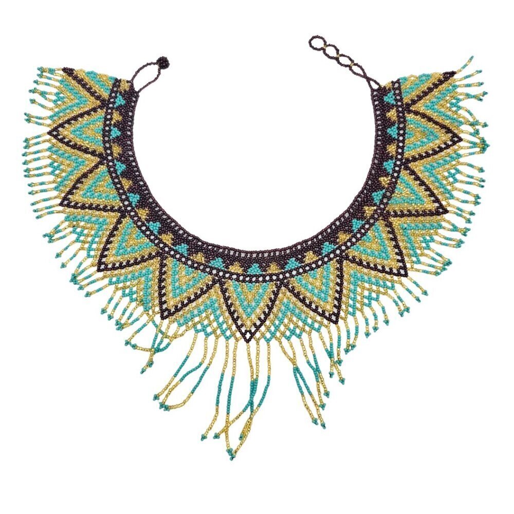 Huichol Beaded Collar Necklace| Handmade Purple, Turquoise & Gold – New from Mex